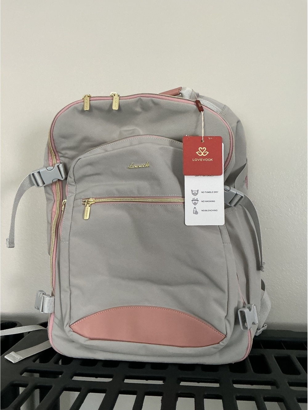Lovevook Gray and Pink Backpack with Multiple Compartments and Matching Accessor